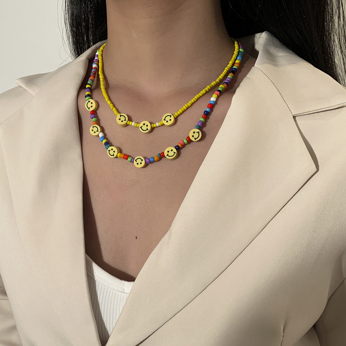 Planderful Vienna Verve Necklace For Women Geometric Beaded Jewelry With Colorful Smileys And Punk Edge