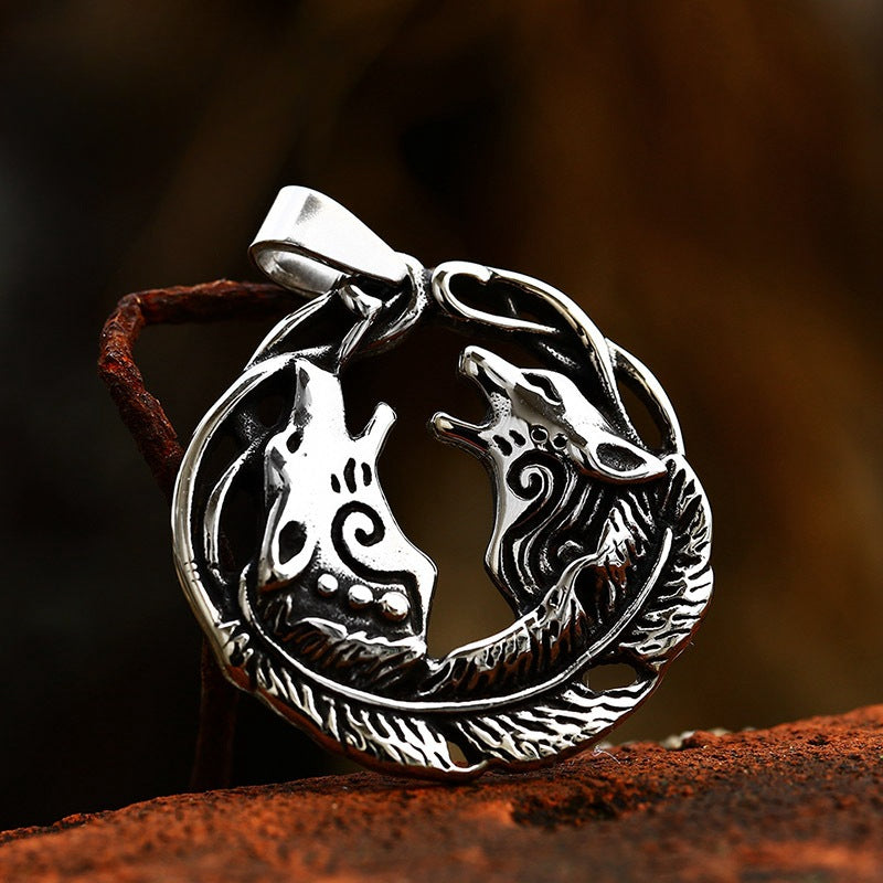 Odin's Wolf Double Head Pendant - Retro Titanium Steel Jewelry for Men
