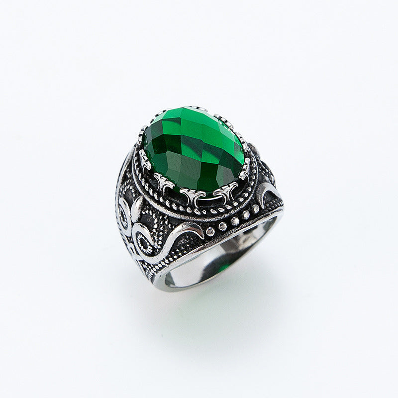 Green Zircon Ring Unisex Stainless Steel Retro Court Style Jewelry By Planderful Bold Statement