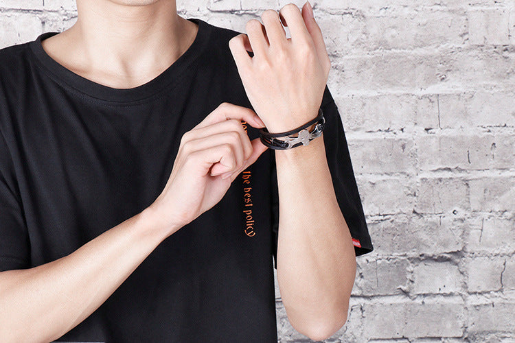 Planderful Mens Skull Bracelet Stainless Steel Leather Rope