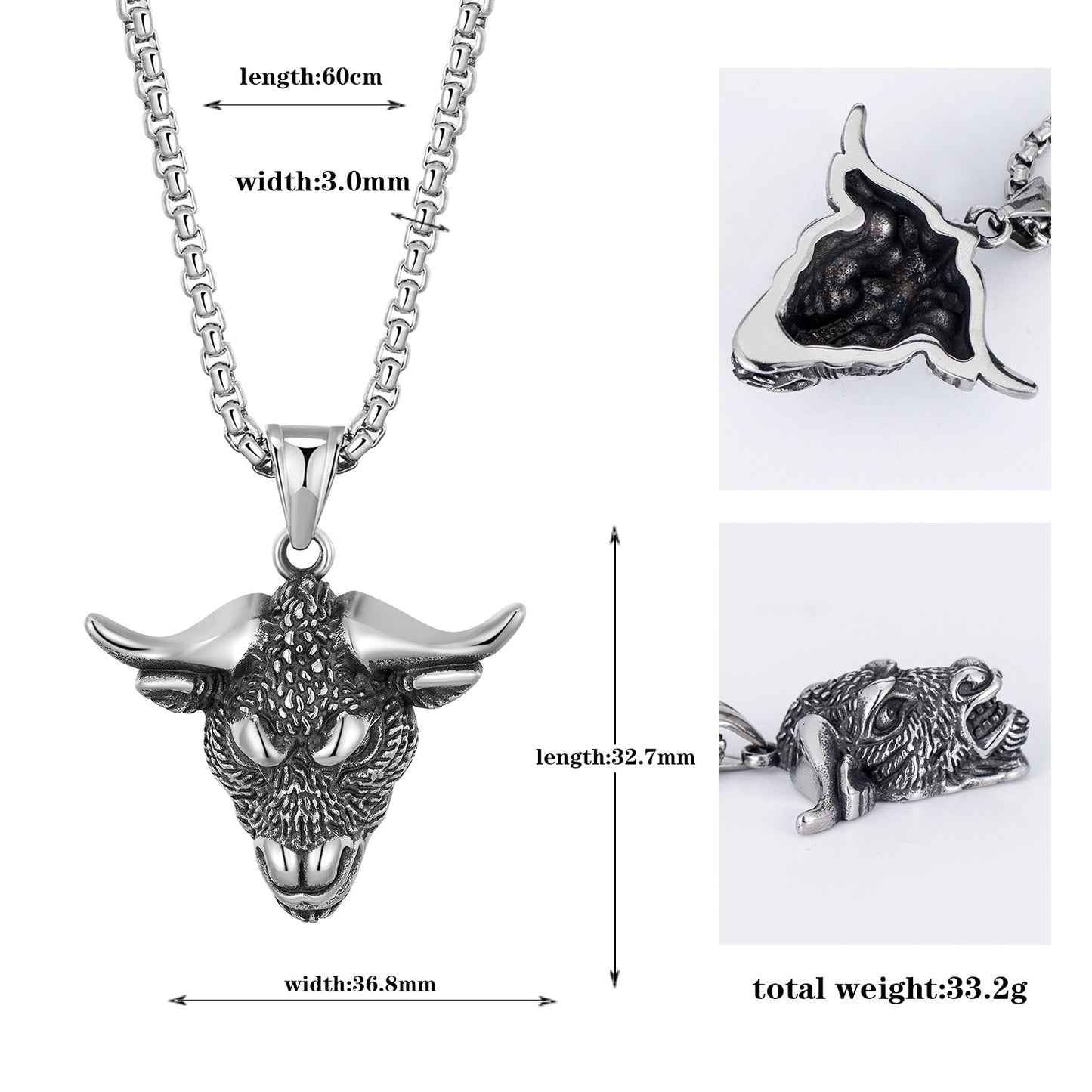 Steel Necklace - Statement Hip Hop Bullhead Horn