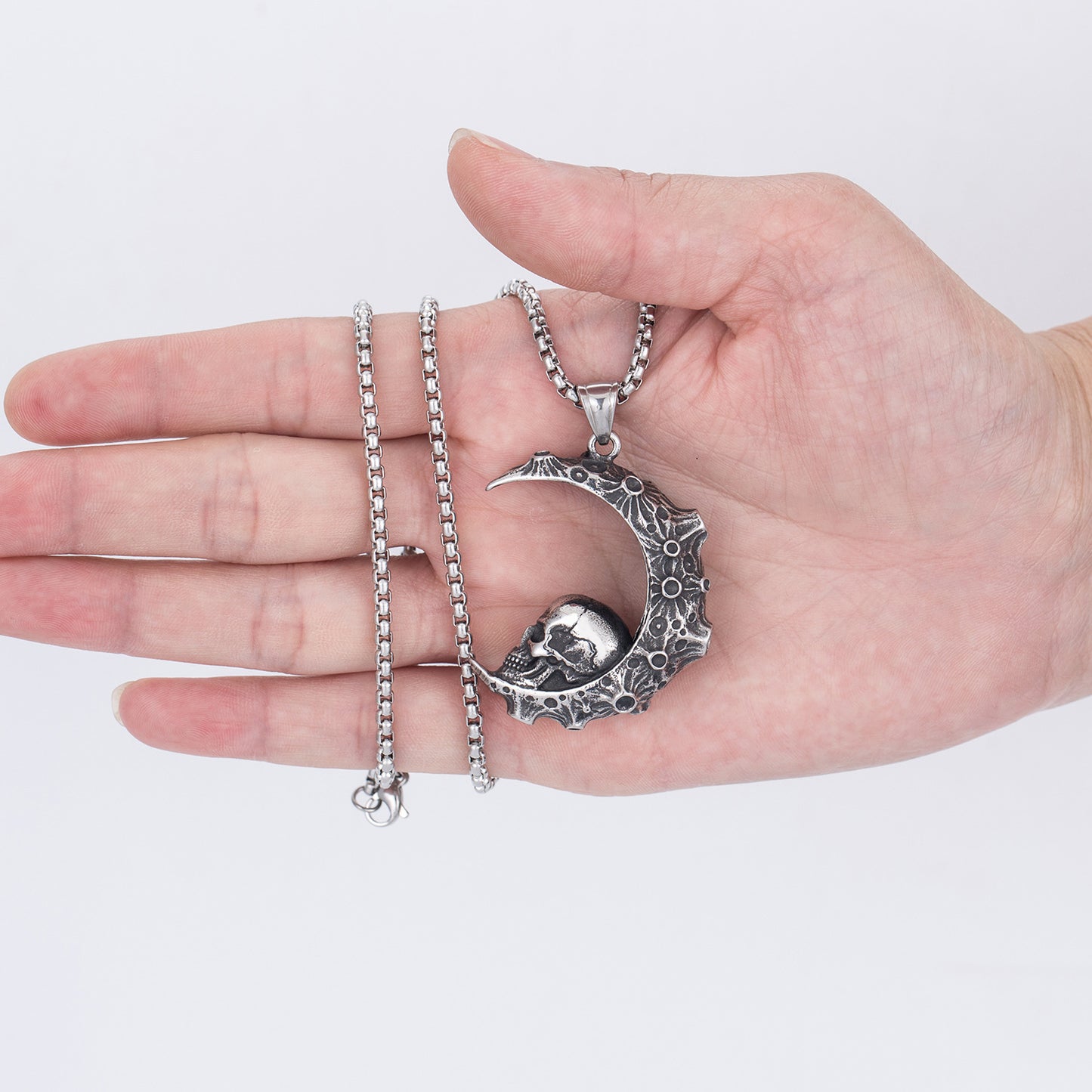 Stainless Steel Necklace – Statement Moon Skull Pendant With Starry Sky Crescent For Men