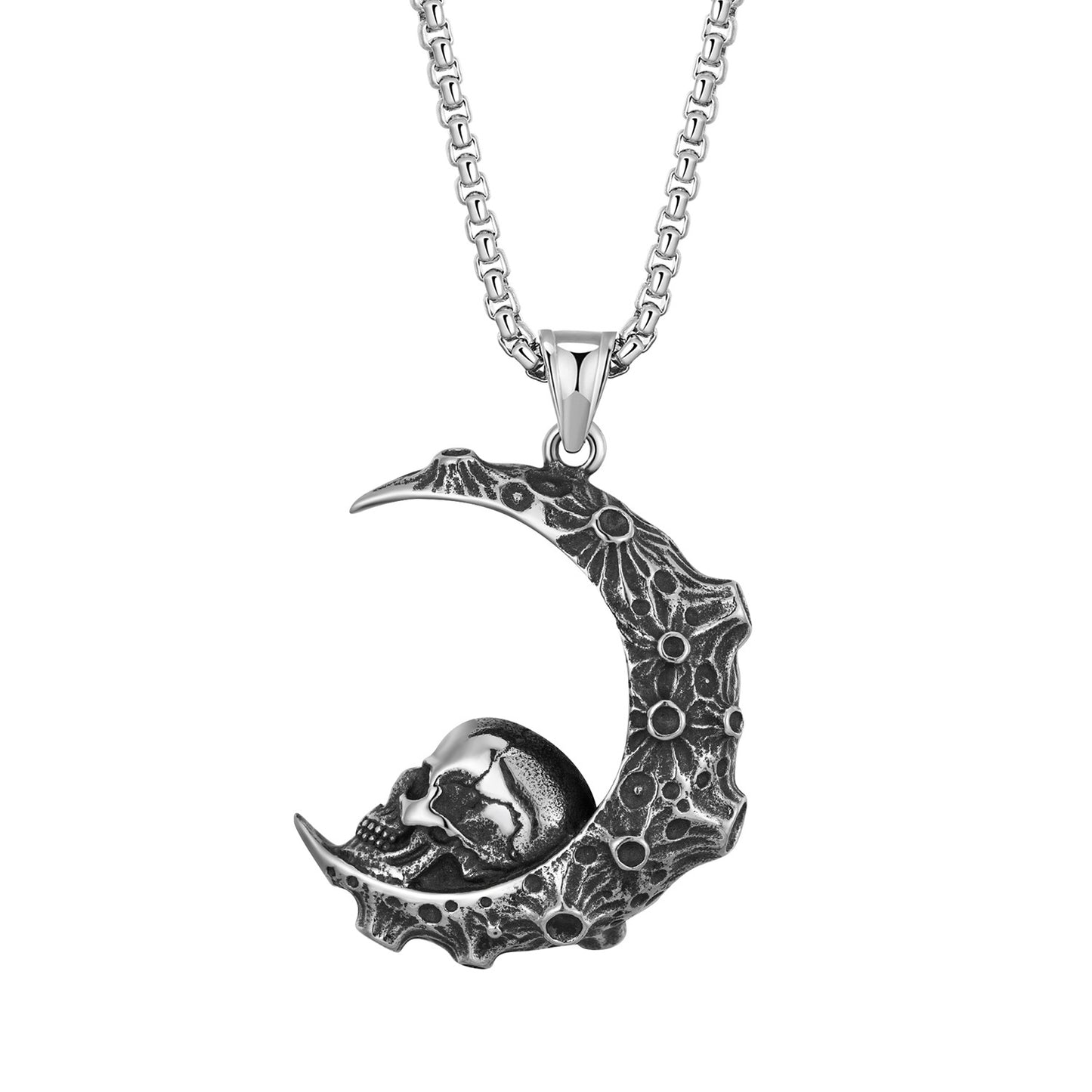 Stainless Steel Necklace – Statement Moon Skull Pendant With Starry Sky Crescent For Men