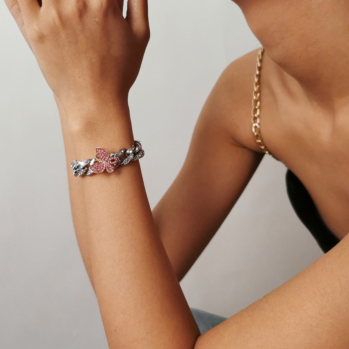 Planderful Vienna Verve Butterfly Bracelet For Women Cuban Buckle Bold Retro Zircon Color