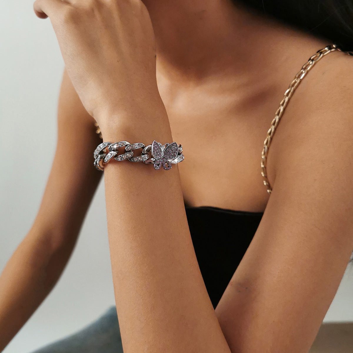 Planderful Vienna Verve Butterfly Bracelet For Women Cuban Buckle Bold Retro Zircon Color