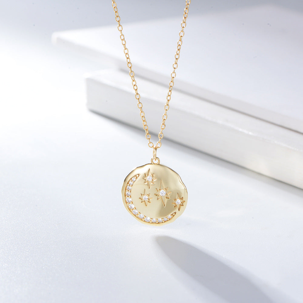 S925 Sterling Silver Round Coin Star Moon Necklace Wind Inlaid Zircon Women