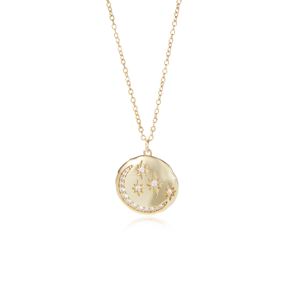 S925 Sterling Silver Round Coin Star Moon Necklace Wind Inlaid Zircon Women
