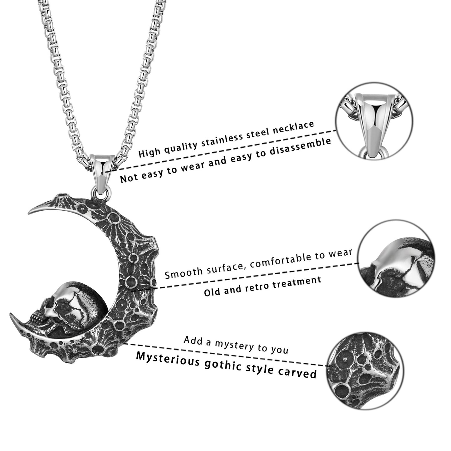 Stainless Steel Necklace – Statement Moon Skull Pendant With Starry Sky Crescent For Men