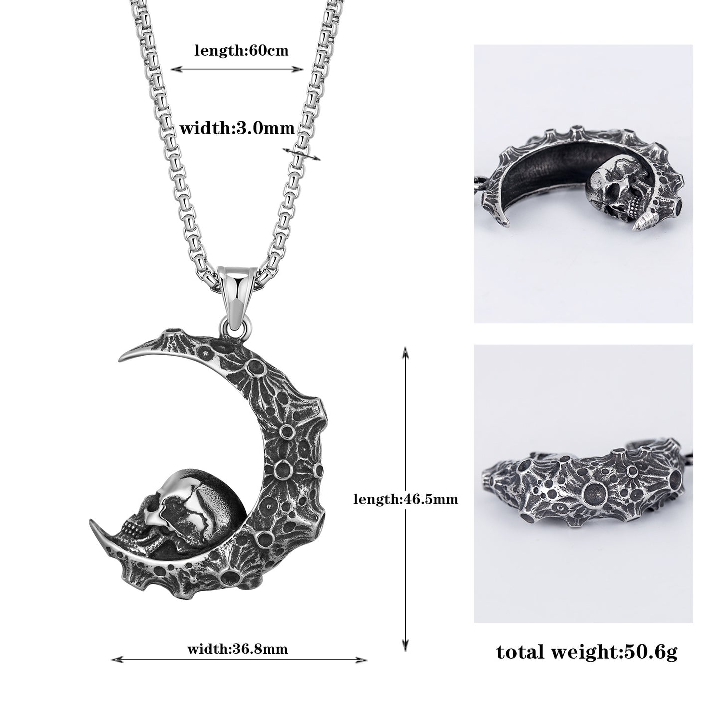 Stainless Steel Necklace – Statement Moon Skull Pendant With Starry Sky Crescent For Men
