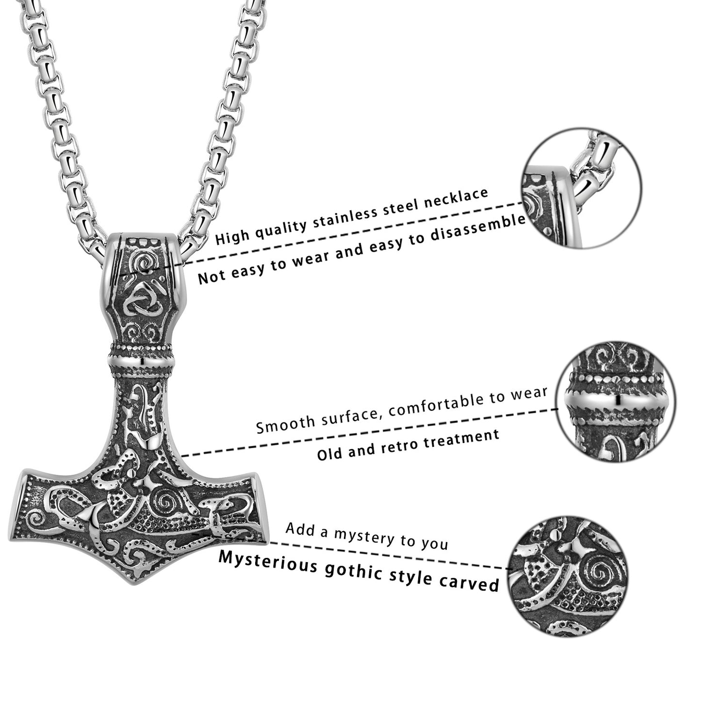 Stainless Steel Necklace – Vintage Viking Mjolnir Amulet