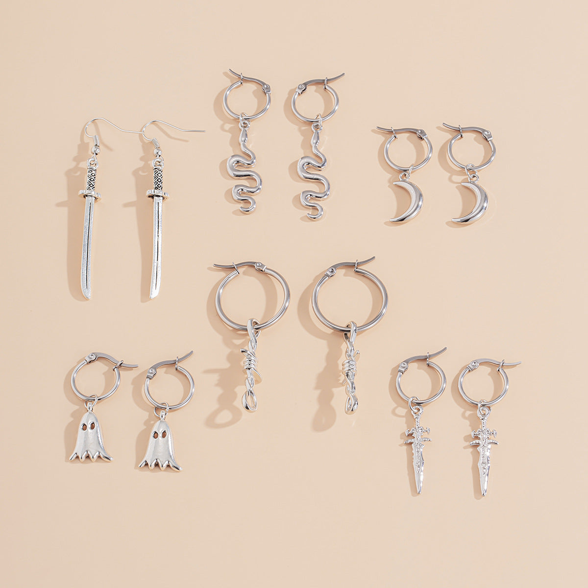 European and American Cross-border Jewelry Mix Sword Pendant Tassel Earrings, Female Fun and Quirky Ghost Snake Earring Set.