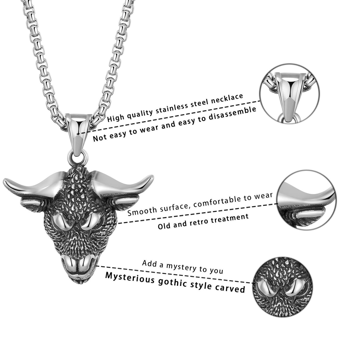 Steel Necklace - Statement Hip Hop Bullhead Horn