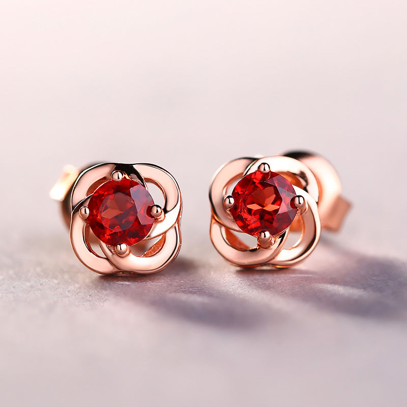 Natural Round Red Garnet Four Leaf Clover Sterling Silver Stud Earrings