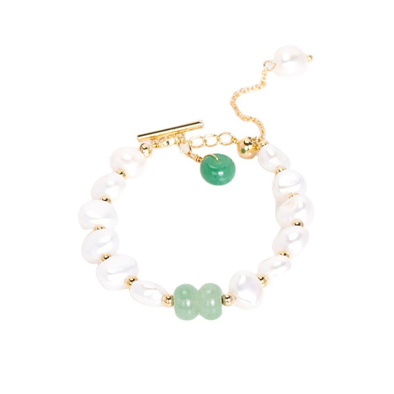 Green Aventurine and Freshwater Pearl Sterling Silver Bracelet in Korean Fashion Style