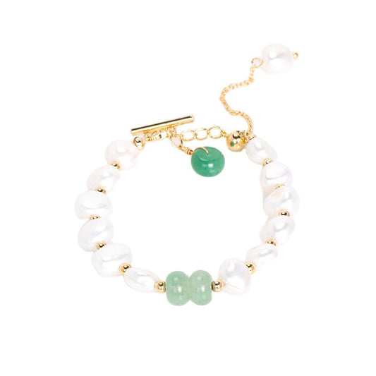 Green Aventurine and Freshwater Pearl Sterling Silver Bracelet in Korean Fashion Style