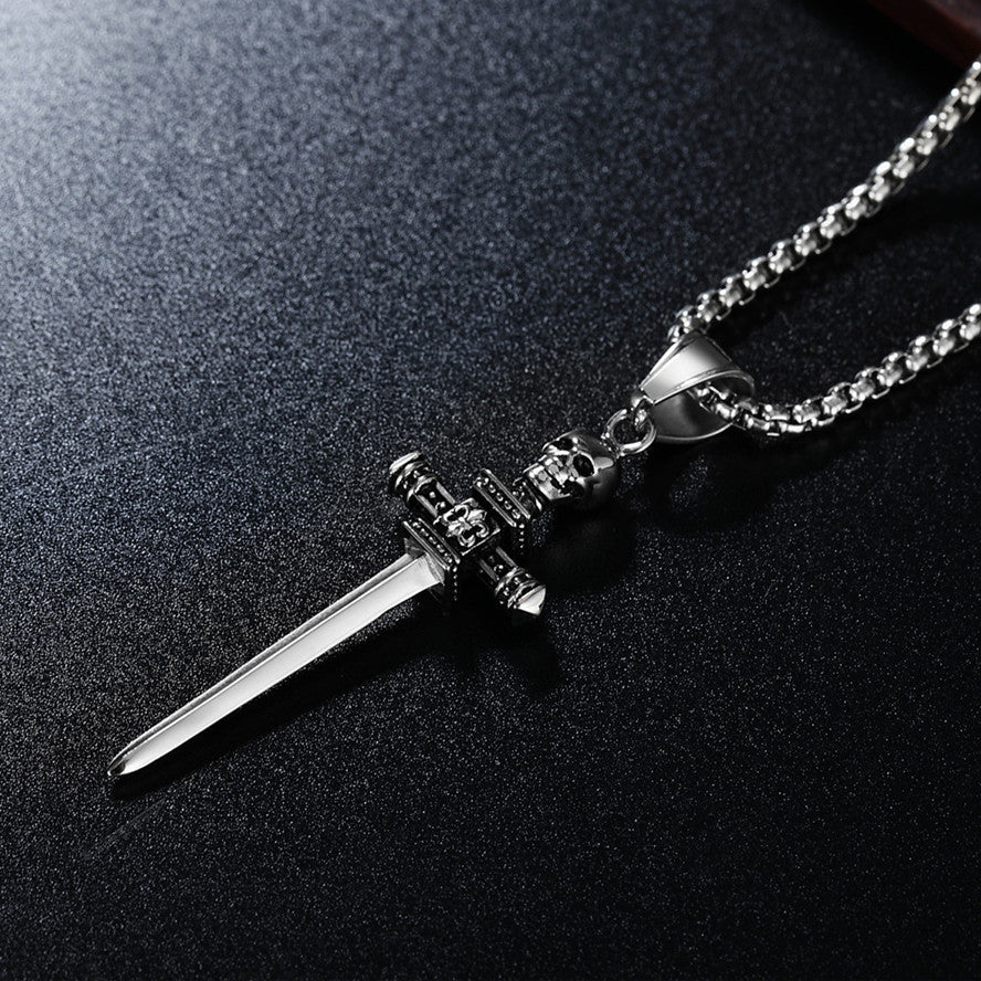 Halloween Skeleton Head Cross Sword Titanium Steel Necklace for Men