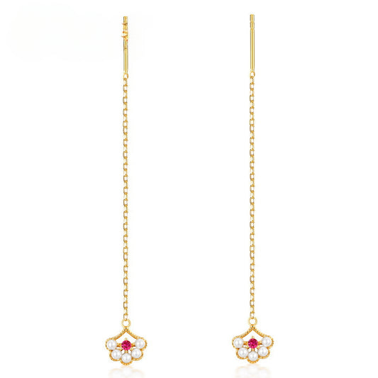 Red Corundum Pearl Ginkgo Leaf Pendant Sterling Silver Ear Line Earrings