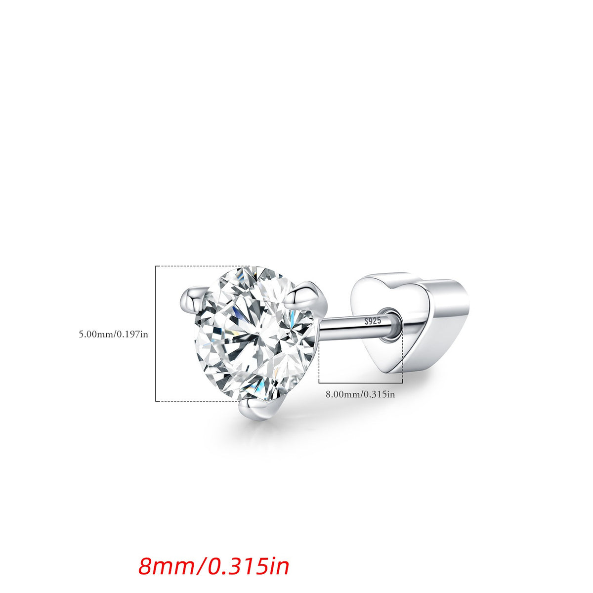 925 Sterling Silver Shining Heart Moissanite Threaded Stud