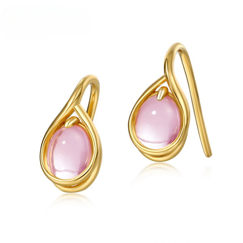 Oval Pink Crystal Water Droplet Silver Hook Earrings
