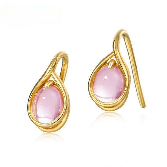Oval Pink Crystal Water Droplet Silver Hook Earrings