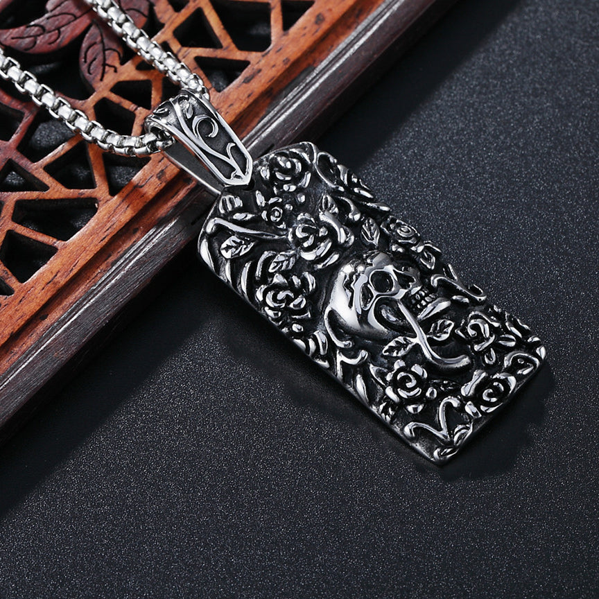 Halloween Skull Roses Rectangle Titanium Steel Necklace for Men