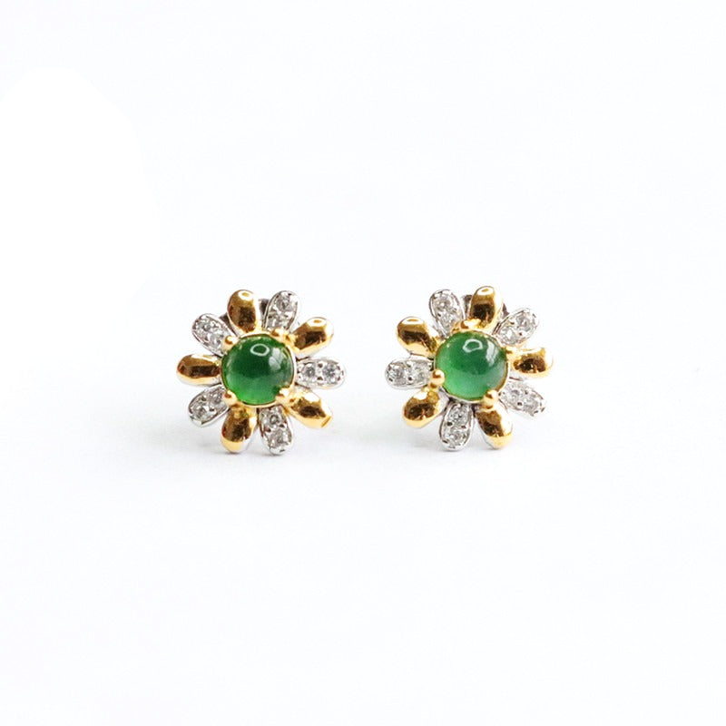 Icy Green Jadeite Floral 925 Silver Stud Earrings