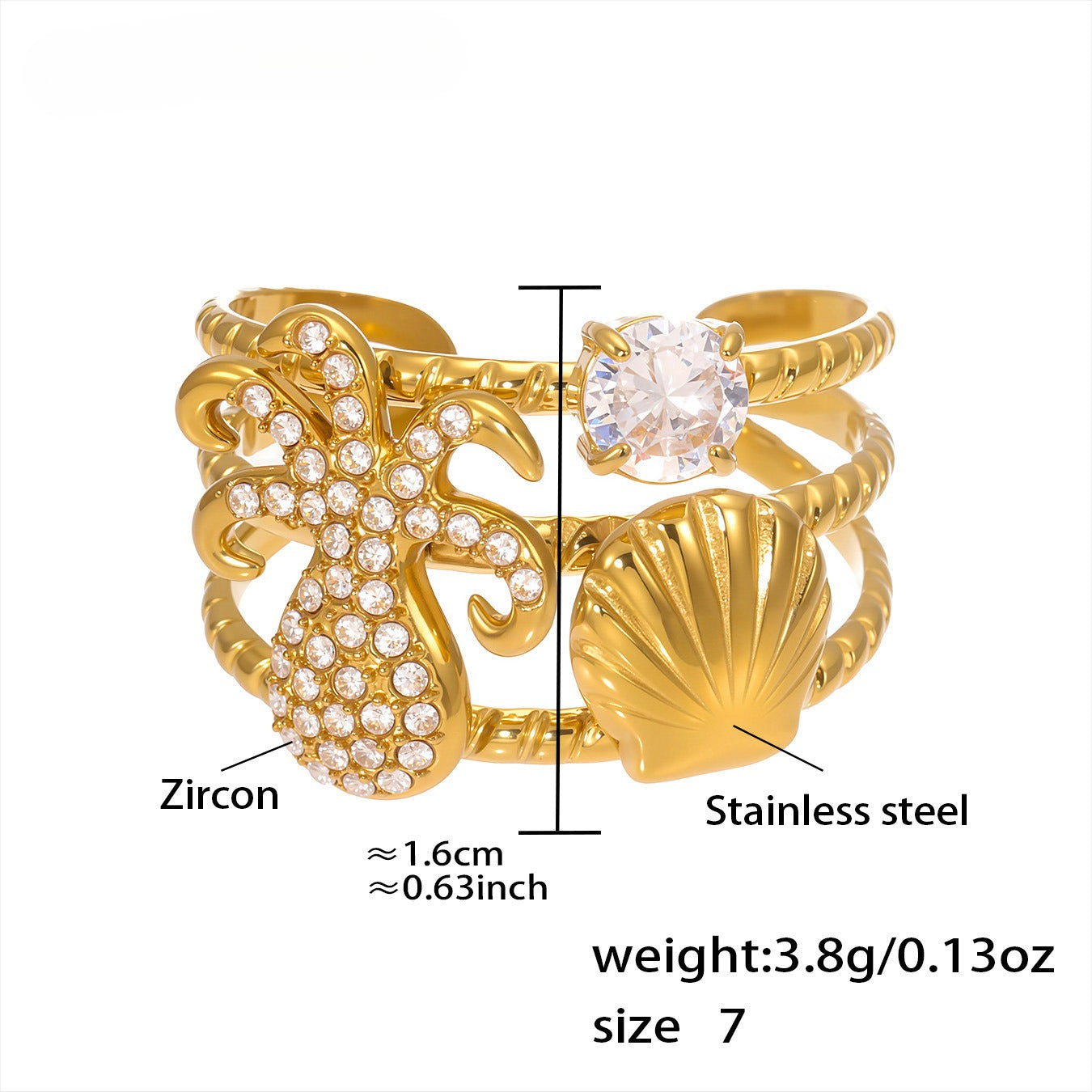 Planderful Ocean Zircon Shell Ring 18K Gold Plated Lovers