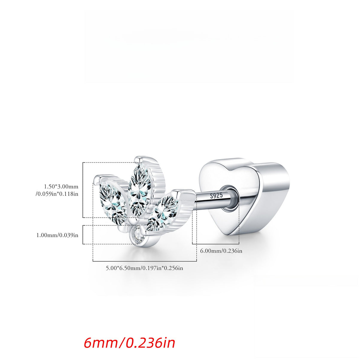925 Sterling Silver Crown Heart Moissanite Threaded Stud Earring