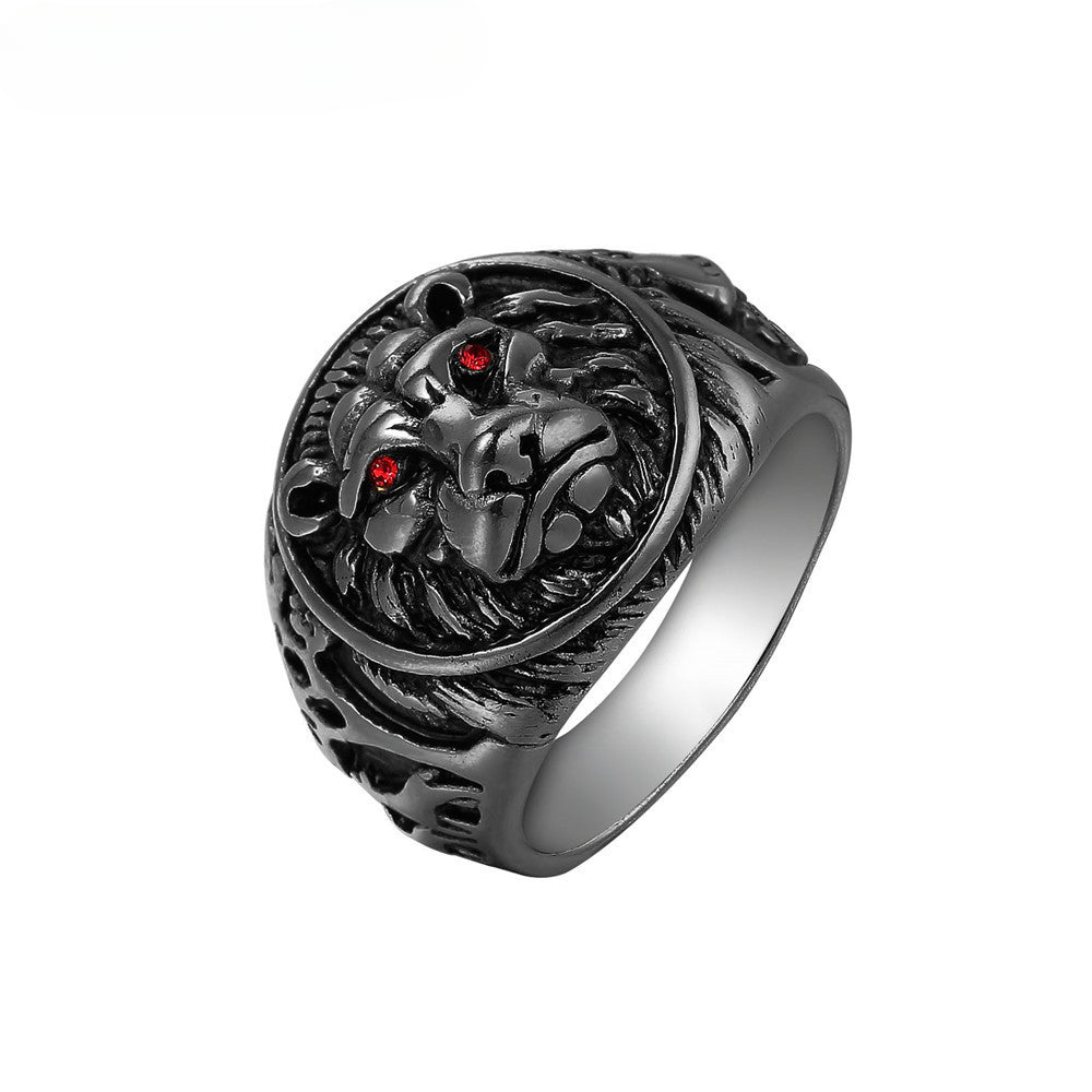 Red Eye Zircon Lion Head Relief Round Shape Titanium Steel Ring for Men