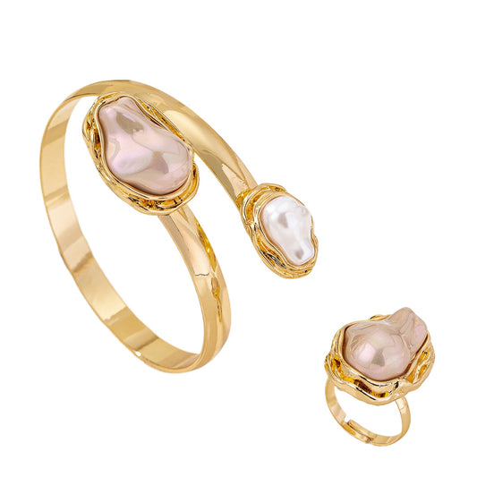 Elegant Pearl Ring and Bracelet Set by Planderful for Women