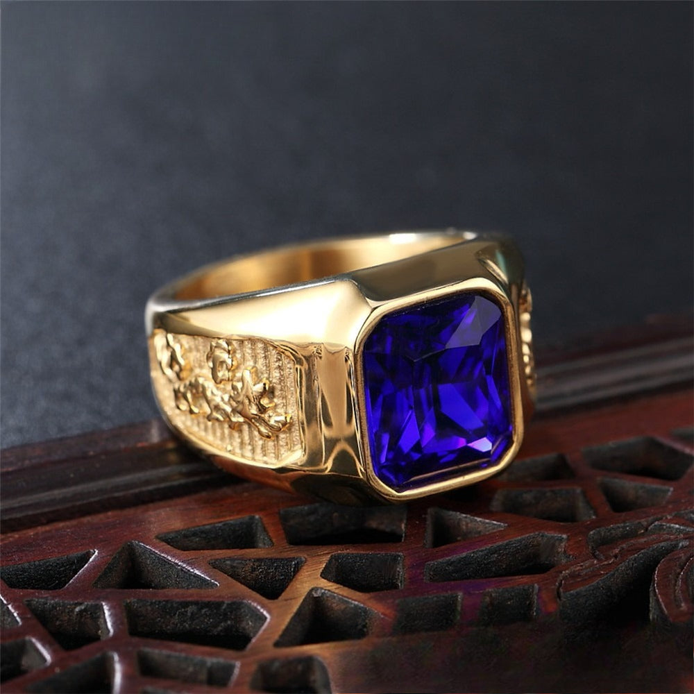 Planderful Dragon And Phoenix Zircon Ring Gold Plated Steel Unisex Fashion Jewelry For Protection And Style