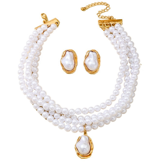 Gorgeous Multi-Layered Pearl Necklace Earrings Set for Women