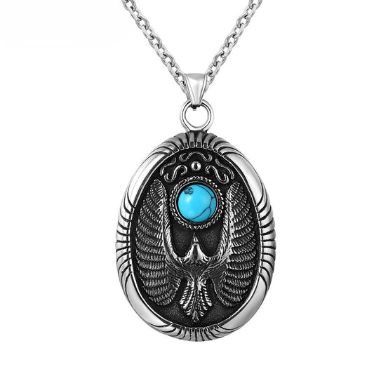 Planderful Retro Turquoise Eagle Steel Pendant Necklace Unisex Everyday Genie Protection Statement