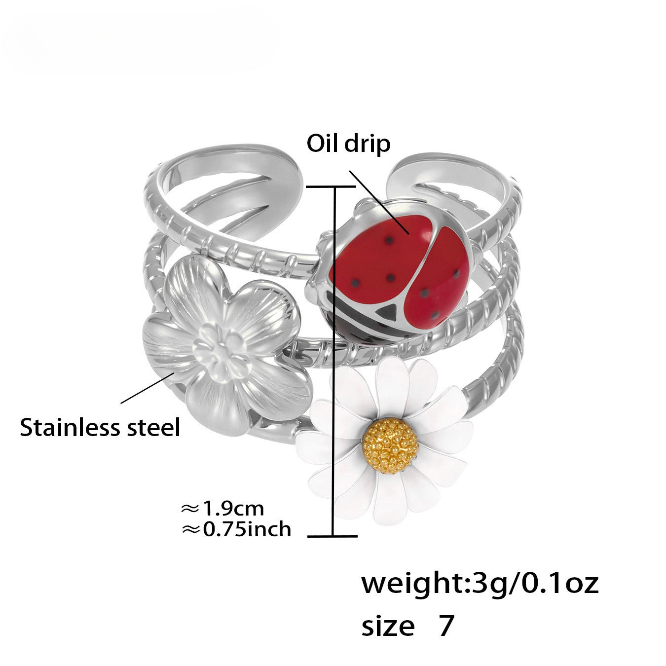 Planderful Hollow Oil Drop Zircon Daisy Ladybug Ladies Ring