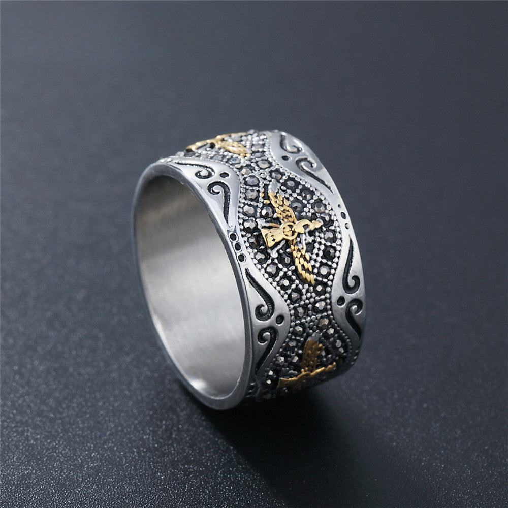 Vintage Pattern Golden Flying Eagle Zircon Titanium Steel Ring for Men