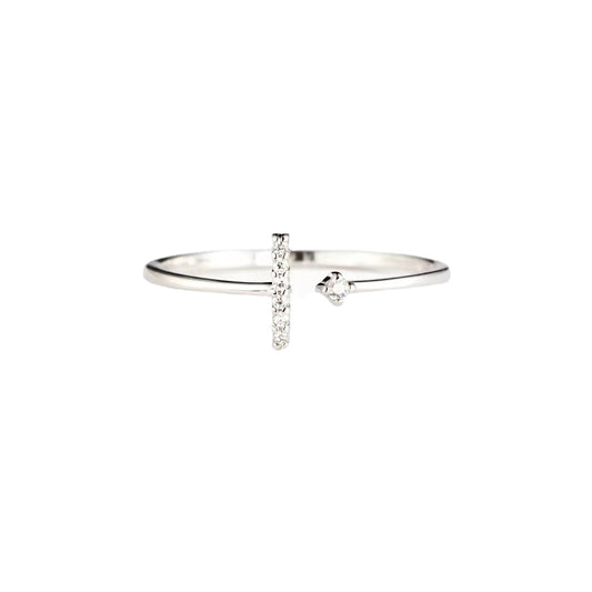 Simple T Shape Zircon Slim Opening Sterling Silver Ring