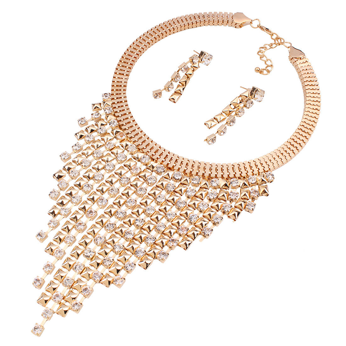 Dazzling Rhinestone Tassel Necklace and Earring Set - European Glam Collection