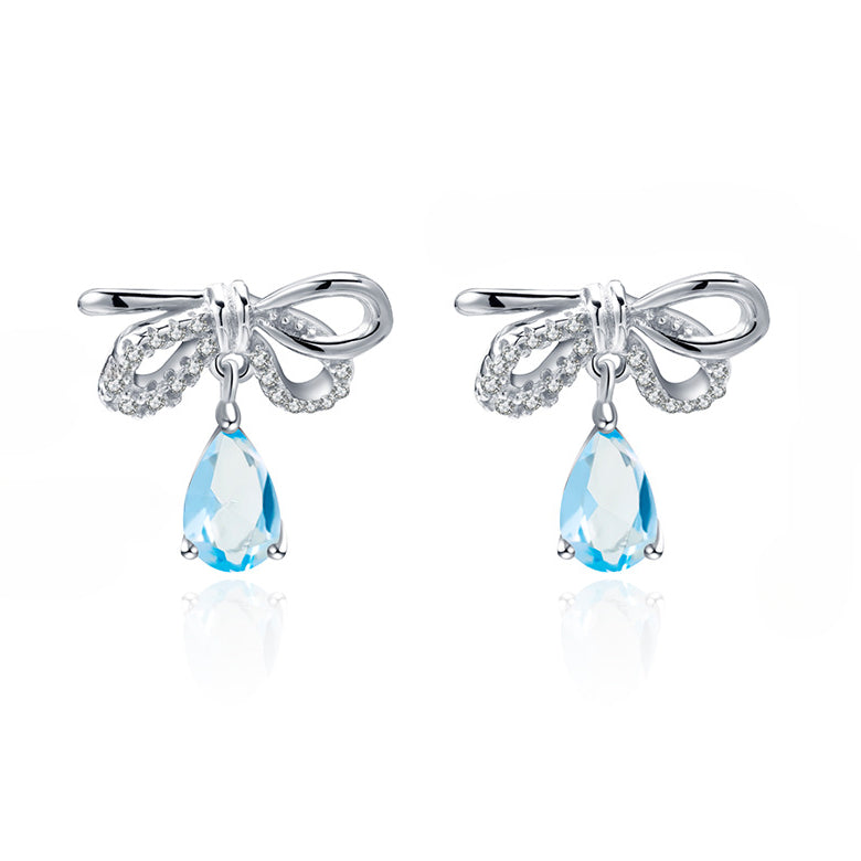 Sweet Bowknot Pear Shape Natural Gemstone Silver Drop Earrings