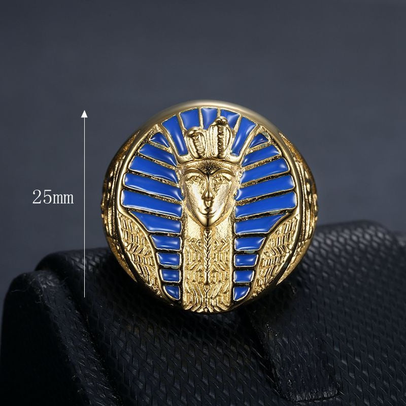 Planderful Titanium Steel Gold Plated Horus Eye Ring For Men Blue Gel Egyptian Pharaoh Symbol