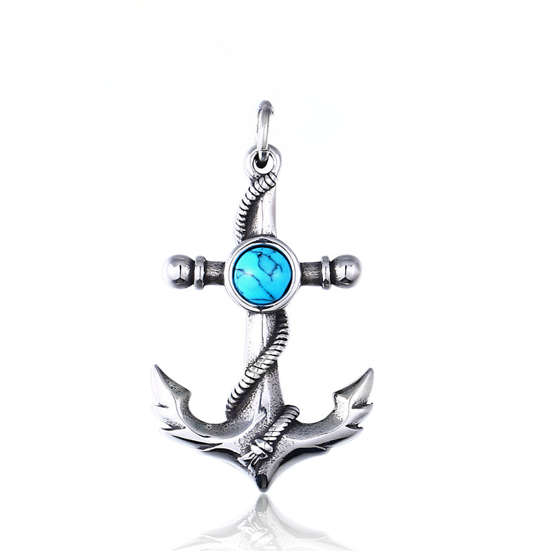 Men's Vintage-Inspired Titanium Steel Pendant with Turquoise Anchor Design - Wholesale Fashion Jewelry