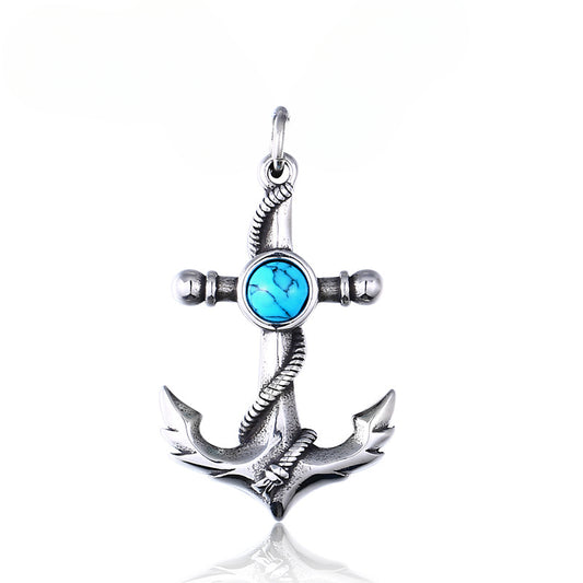 Men's Vintage-Inspired Titanium Steel Pendant with Turquoise Anchor Design - Wholesale Fashion Jewelry