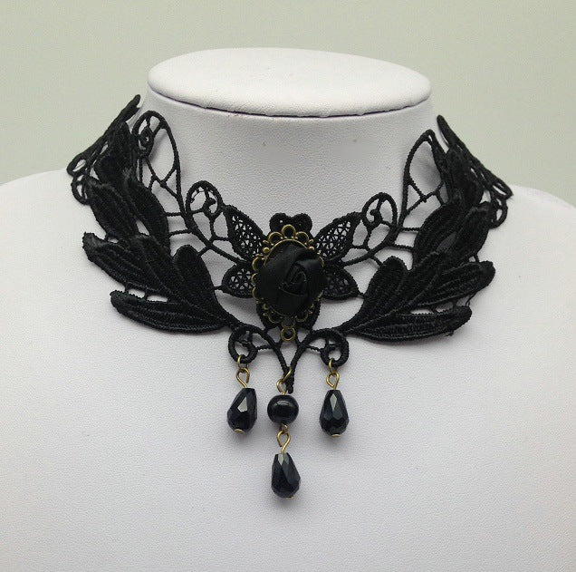 Elegant Queen Victoria Rose Necklace - Vintage Black Lace and Collarbone Accessories