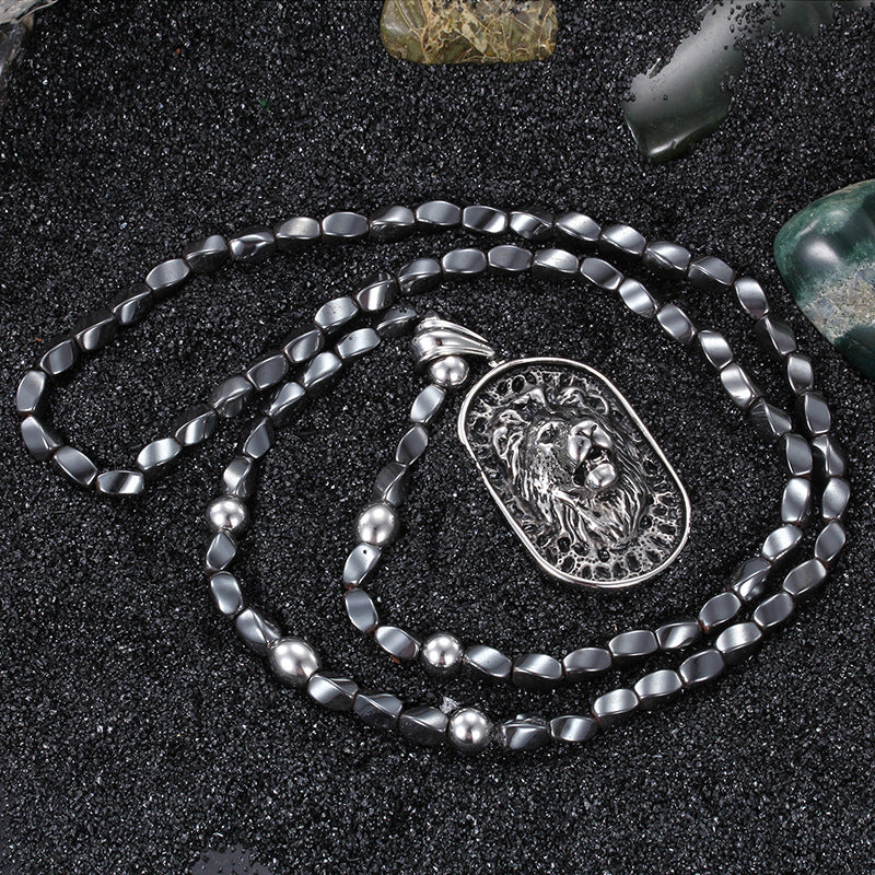 Bold Titanium Steel Lion Head Pendant Necklace for Men - Trendy Round Bead Design