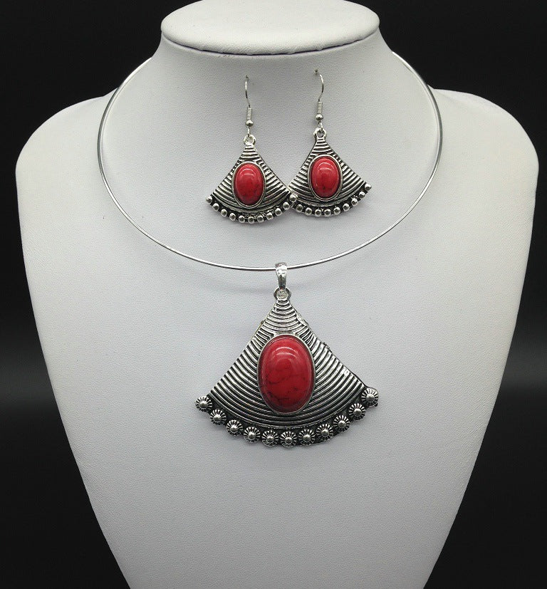 Retro Turquoise Geometric Fan Necklace and Earrings Set in European Style