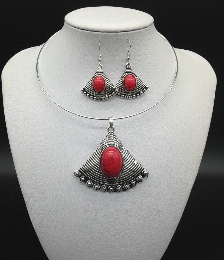 Retro Turquoise Geometric Fan Necklace and Earrings Set in European Style