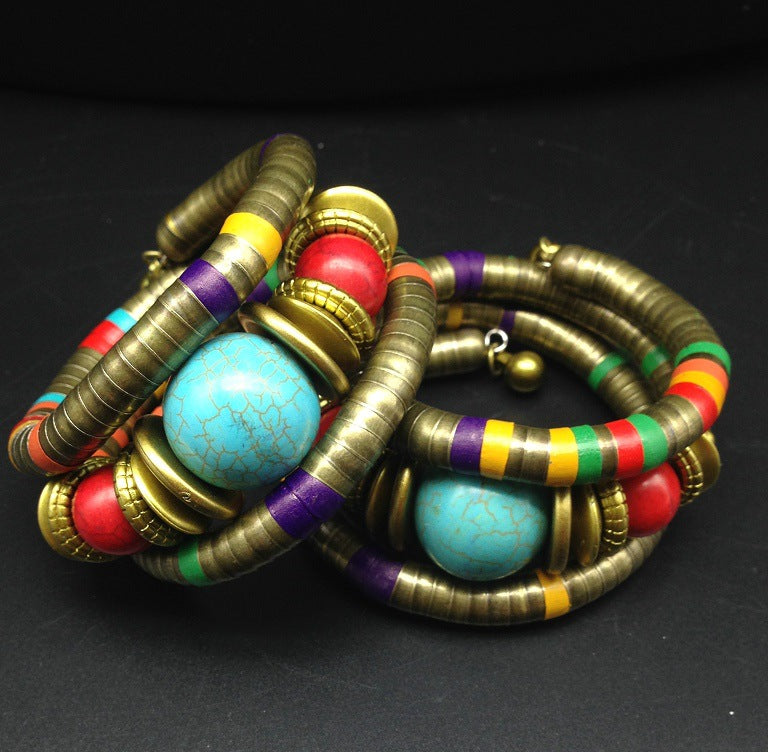 Boho Chic Turquoise Layered Beaded Snake Bone Bracelet - Planderful Vienna Verve