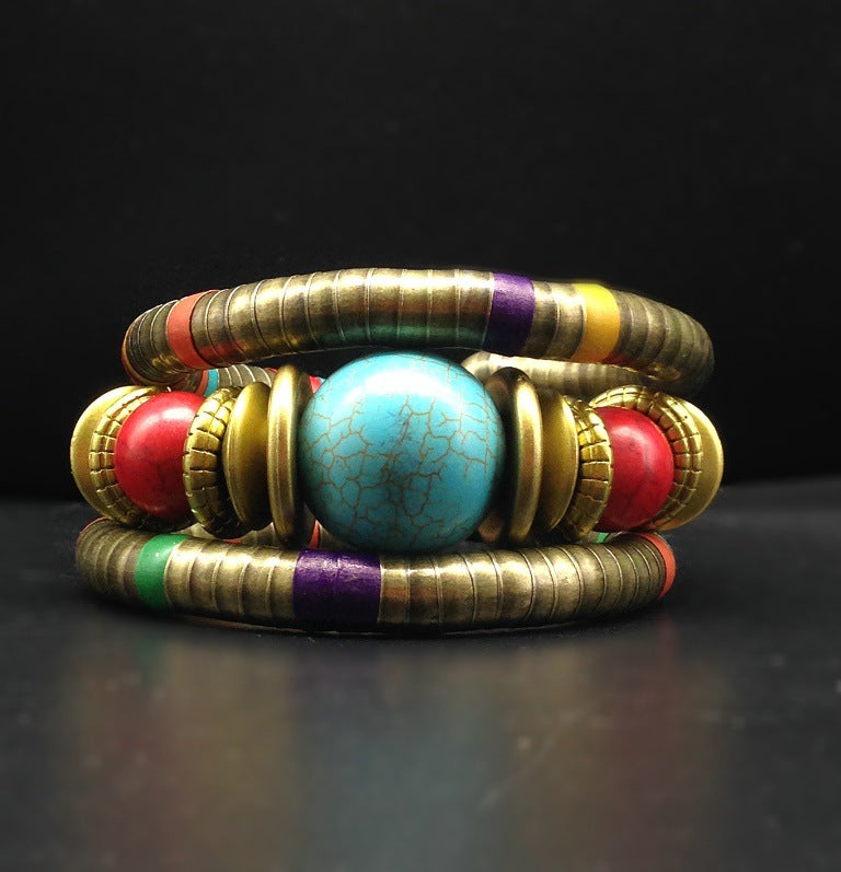 Boho Chic Turquoise Layered Beaded Snake Bone Bracelet - Planderful Vienna Verve