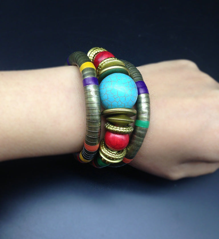 Boho Chic Turquoise Layered Beaded Snake Bone Bracelet - Planderful Vienna Verve