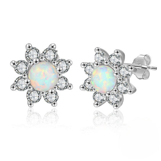 Round Opal Zircon Eight Petal Flower Sterling Silver Stud Earrings