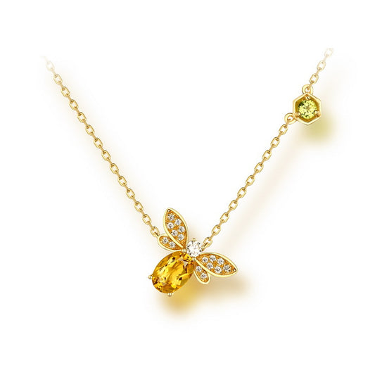 Oval Natural Yellow Crystal Little Bee Pendant Olivine Sterling Silver Necklace